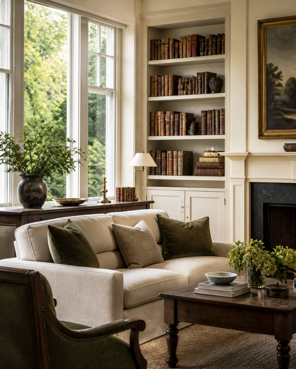 Light-filled library interior in a Connecticut home