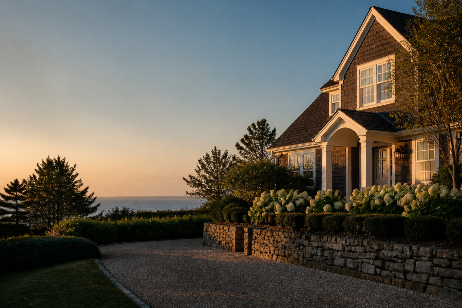 A refined cedar-shingle Connecticut home above the water